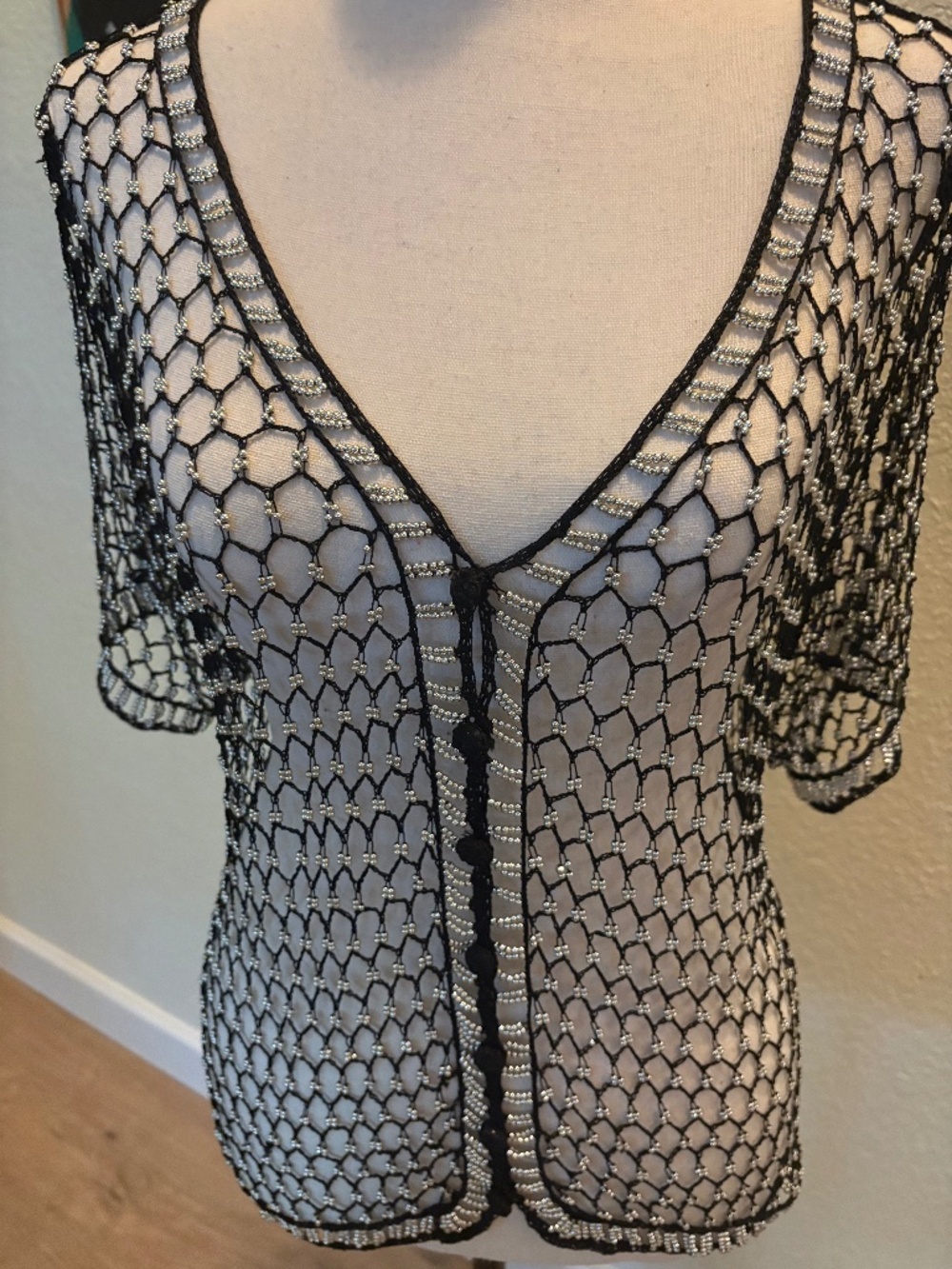 Beaded Blouse with Cloth Knotted Buttons M/L